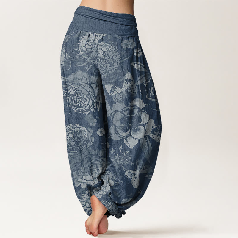 Buddha Stones Cotton Casual Peony Flowers Leaves Women's Elastic Waist Harem Pants