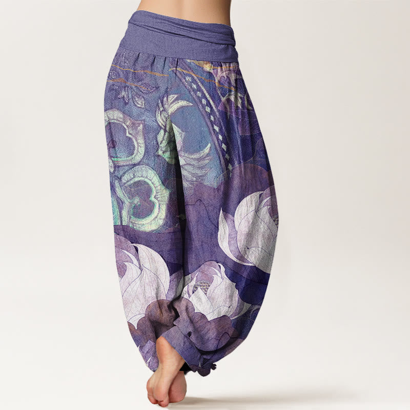 Buddha Stones Cotton White Lotus Leaves Pattern Casual Women's Elastic Waist Harem Pants