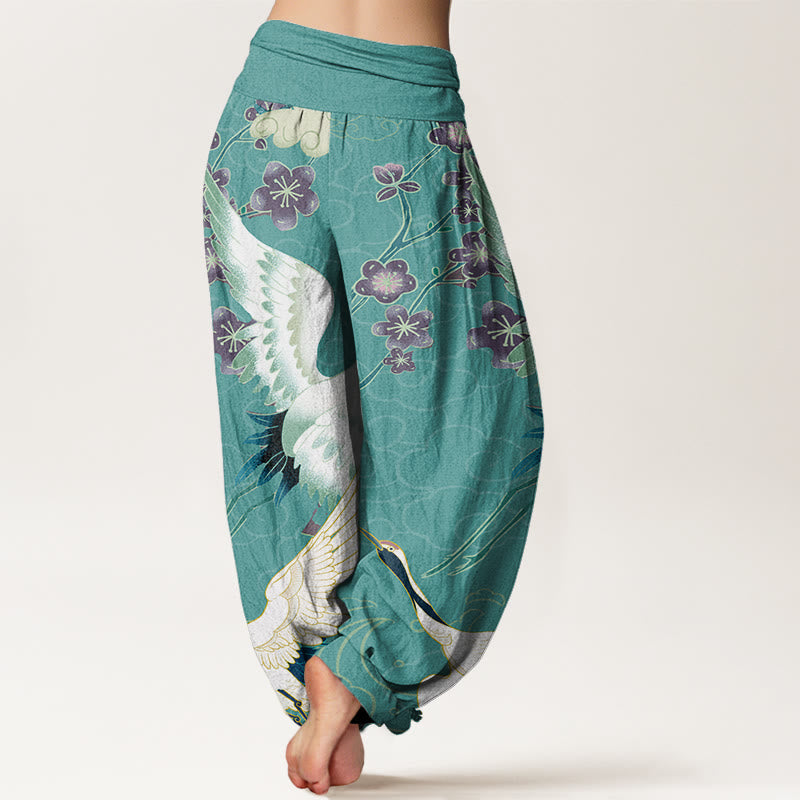Buddha Stones Cotton Cranes Flowers Auspicious Clouds pattern Women's Elastic Waist Harem Pants