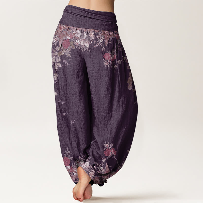 Buddha Stones Cotton Casual Red Peony Flower Vine Design Women's Elastic Waist Harem Pants