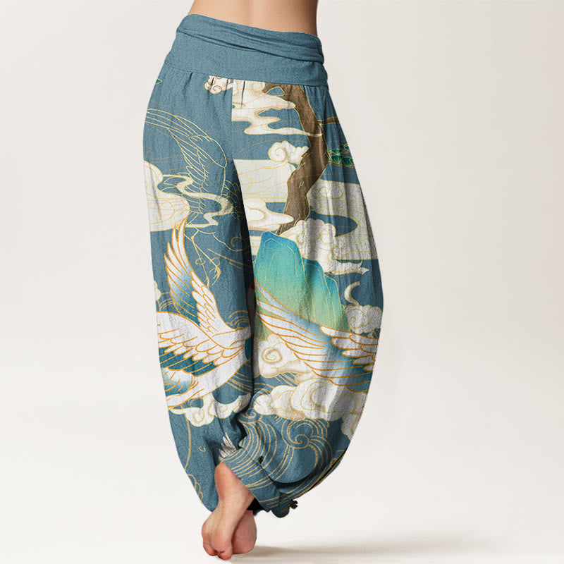 Buddha Stones Cotton Flying Cranes Auspicious Clouds Tree women's Elastic Waist Harem Pants