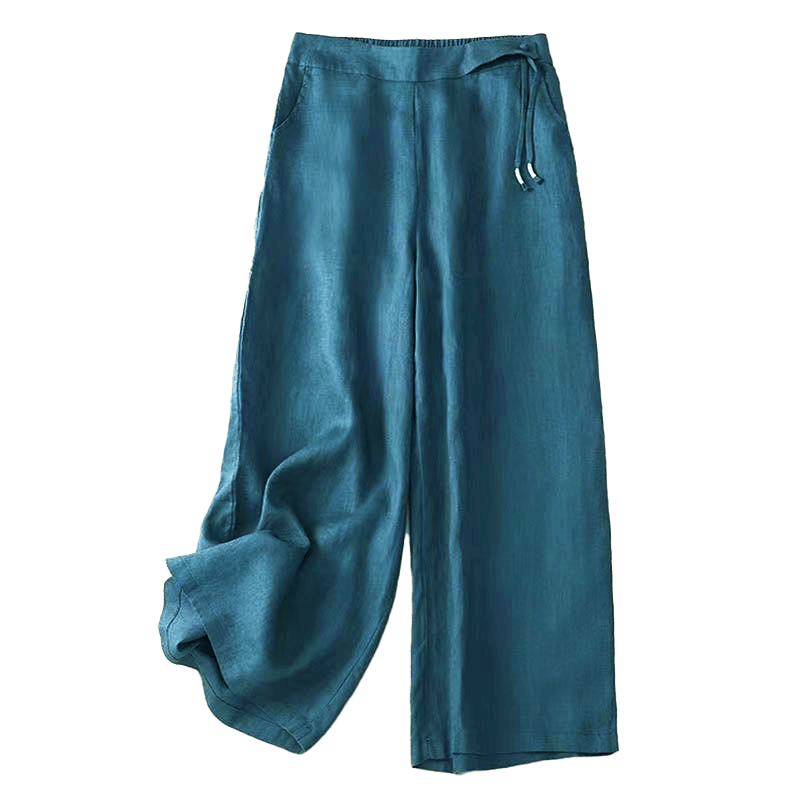 Buddha Stones Casual Solid Color One Button Women's Capri Wide Leg Pants With Pockets