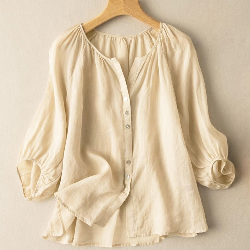 Buddha Stones Vintage Button Three Quarter Puff Sleeve V-Neck Women's Shirt