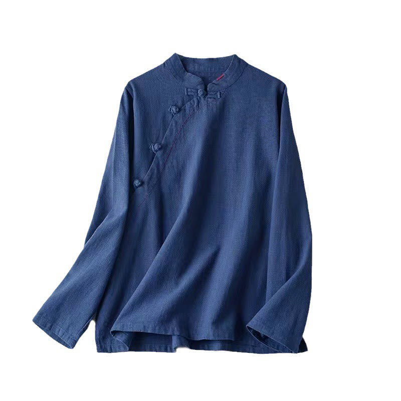 Buddha Stones Oblique Collar Knot button Loose Linen Clothing
