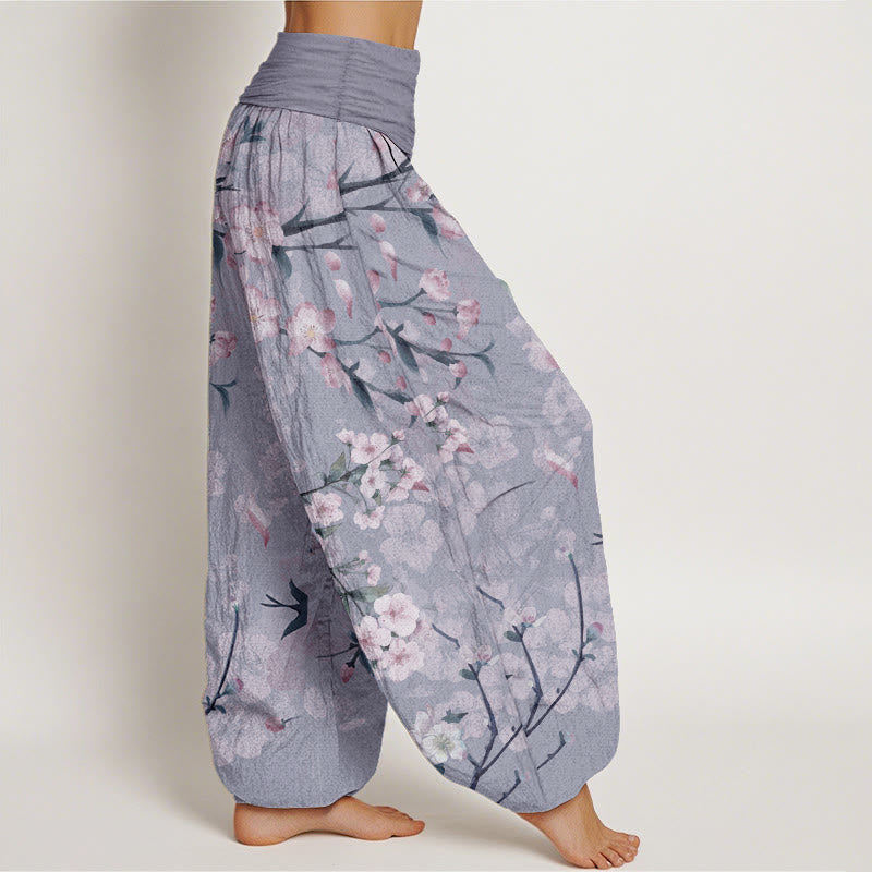 Buddha Stones Pure Cotton Peach Blossoms Flying Geese Pattern Women's Elastic Waist Harem Pants