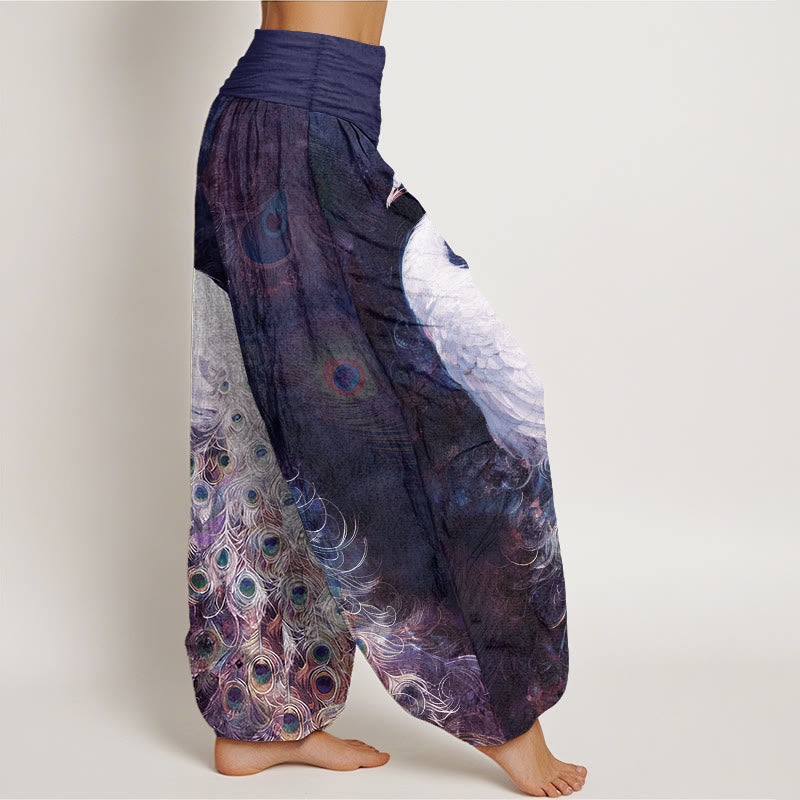 Buddha Stones Pure Cotton Gorgeous Peacock Pattern Women's Elastic Waist Harem Pants