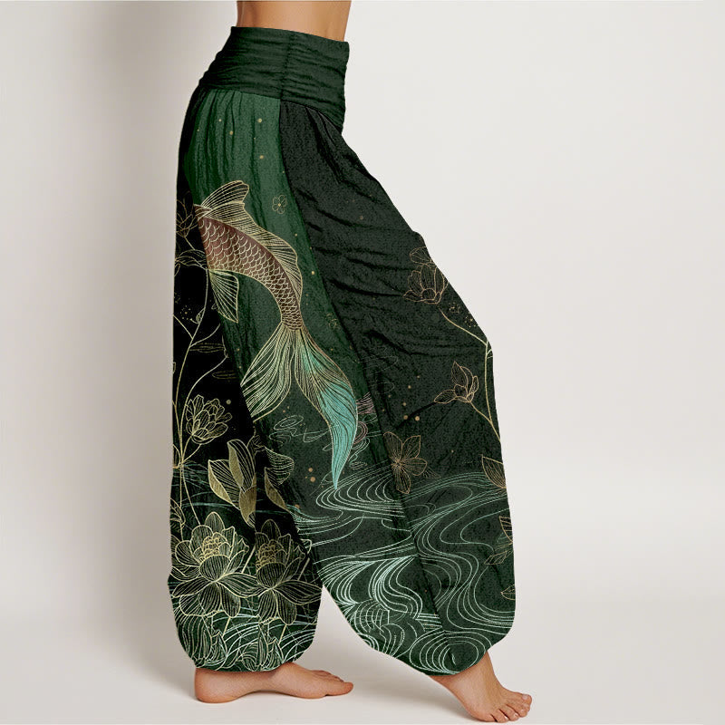 Buddha Stones Lotus Koi Fish Pattern Women's Elastic Waist Pure Cotton Harem Pants