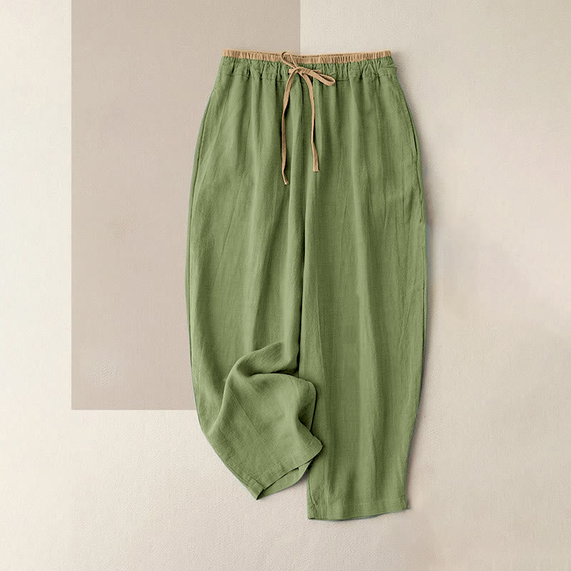 Buddha Stones Casual Solid Color Cotton Linen Drawstring Women's Pants With Pockets