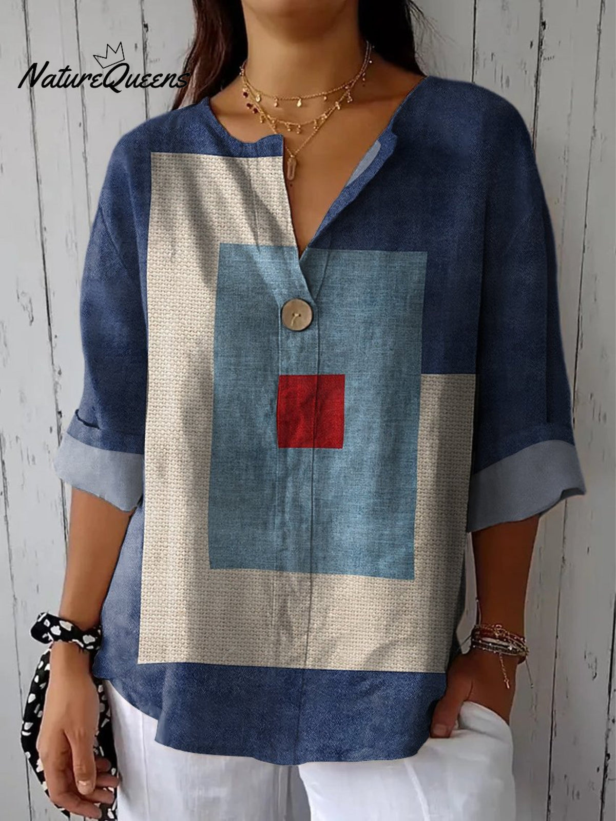 Women's Denim Blue Geometry Casual Cotton Linen Shirt
