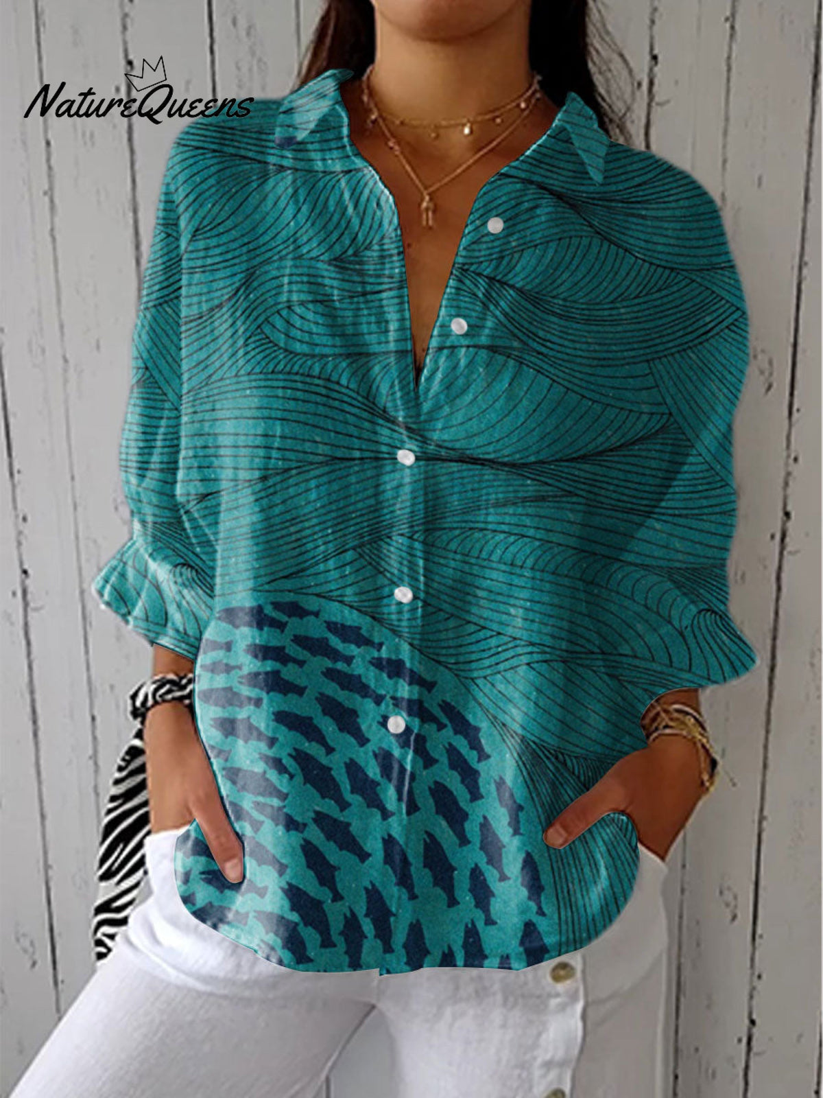 Women's Ocean and Fish Art Print Casual Linen V-neck Shirt