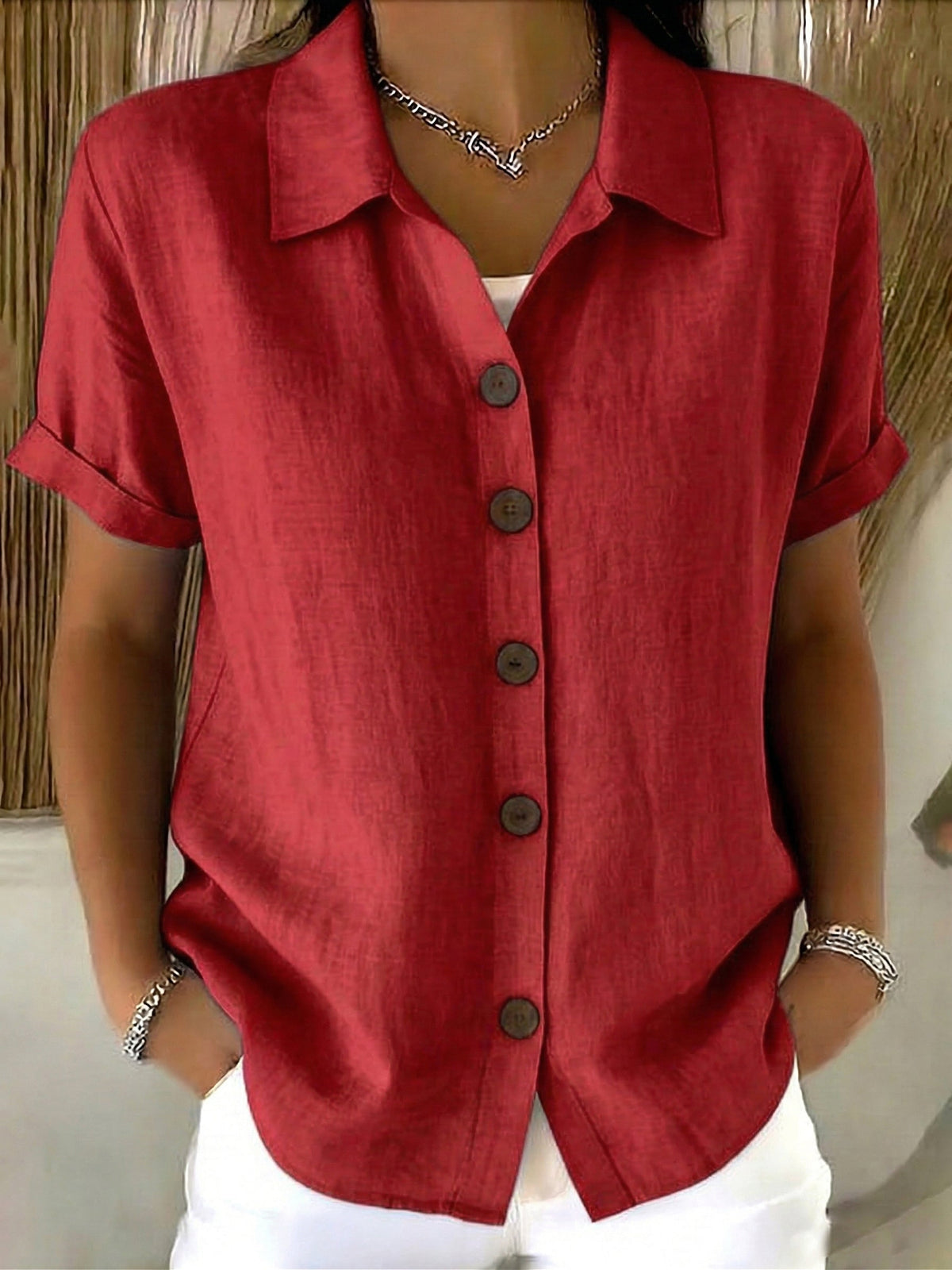 Women’s Linen Cotton Cozy Basic Button-Up Shirt – Casual Short Sleeve Summer Blouse
