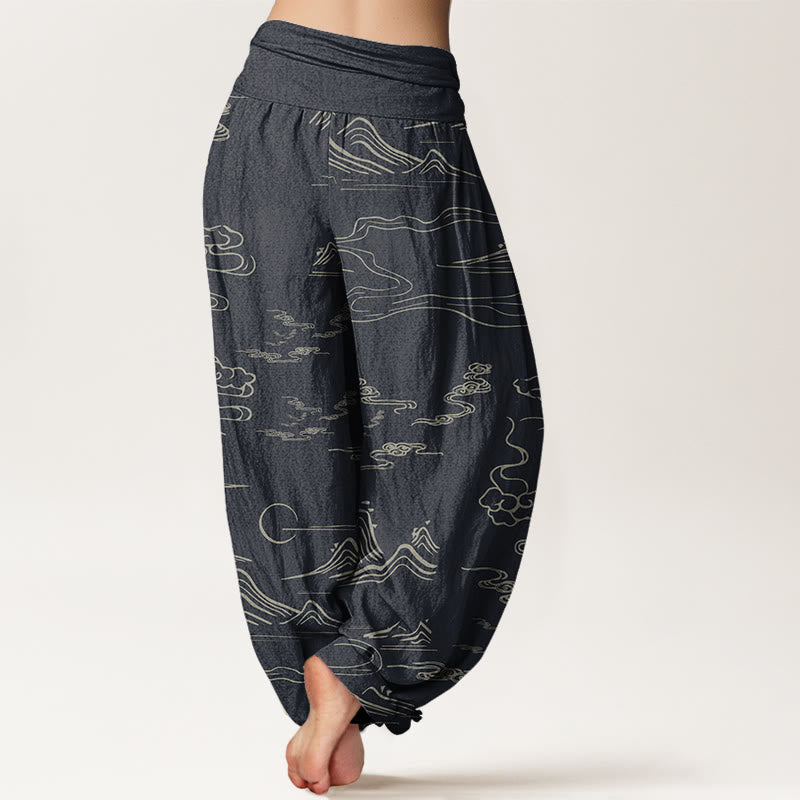 Buddha Stones Cotton Mountain Moon Auspicious Clouds Pattern Women's Elastic Waist Harem Pants