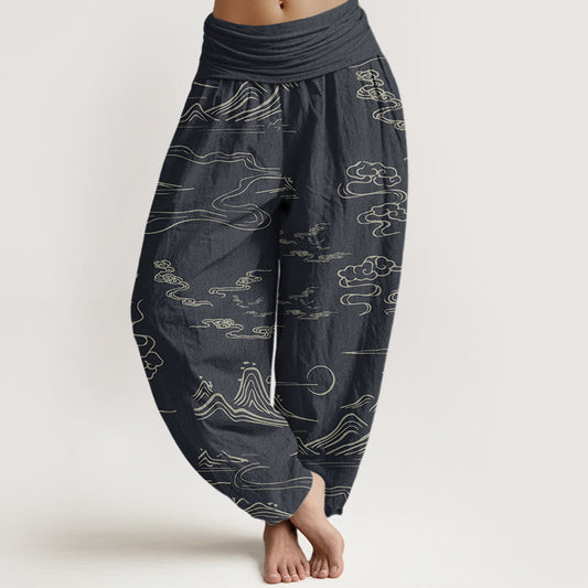 Buddha Stones Cotton Mountain Moon Auspicious Clouds Pattern Women's Elastic Waist Harem Pants