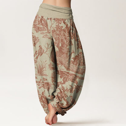 Buddha Stones Cotton Birds Trees Branches Pattern Women's Elastic Waist Harem Pants