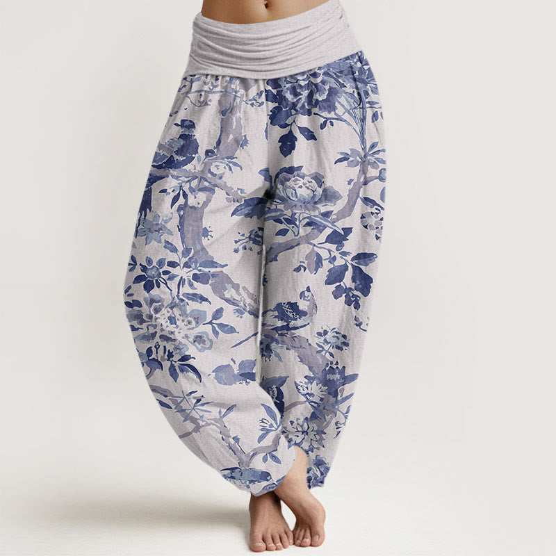 Buddha Stones Cotton Birds Branches Flowers Pattern Women's Elastic Waist Harem Pants