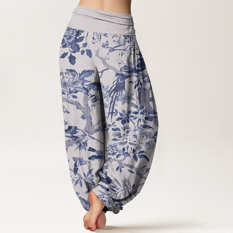 Buddha Stones Cotton Birds Branches Flowers Pattern Women's Elastic Waist Harem Pants