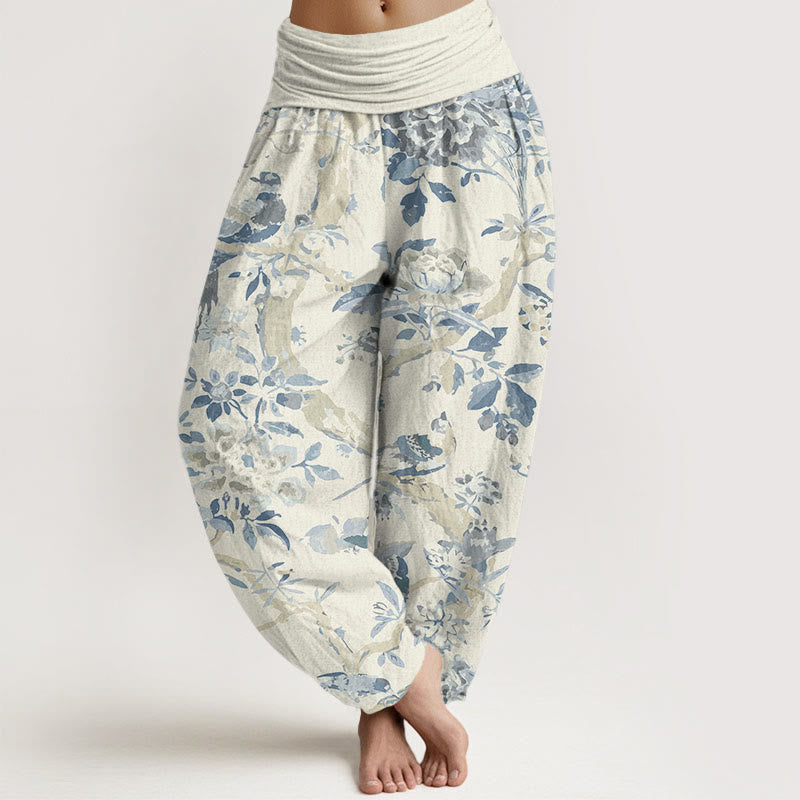 Buddha Stones Cotton Birds Branches Flowers Pattern Women's Elastic Waist Harem Pants