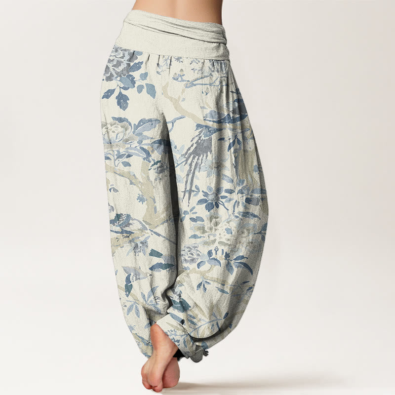 Buddha Stones Cotton Birds Branches Flowers Pattern Women's Elastic Waist Harem Pants
