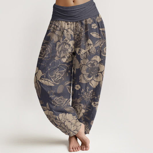 Buddha Stones Cotton Casual Peony Flowers Leaves Women's Elastic Waist Harem Pants