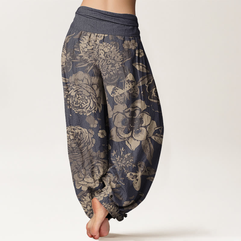 Buddha Stones Cotton Casual Peony Flowers Leaves Women's Elastic Waist Harem Pants