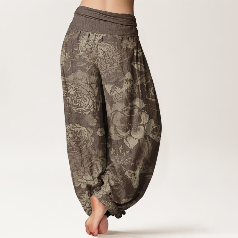 Buddha Stones Cotton Casual Peony Flowers Leaves Women's Elastic Waist Harem Pants
