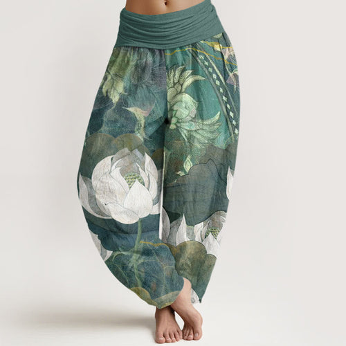 Buddha Stones Cotton White Lotus Leaves Pattern Casual Women's Elastic Waist Harem Pants
