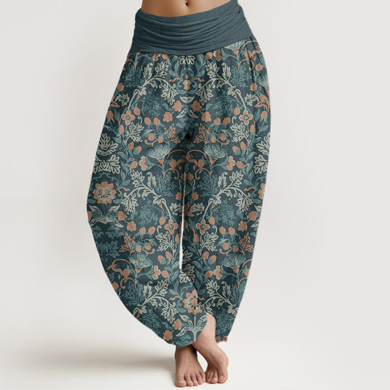Buddha Stones Cotton Casual Flower Vine Leaves Pattern Women's Elastic Waist Harem Pants