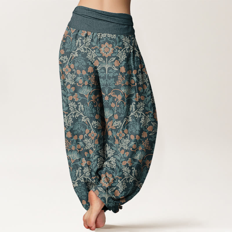 Buddha Stones Cotton Casual Flower Vine Leaves Pattern Women's Elastic Waist Harem Pants