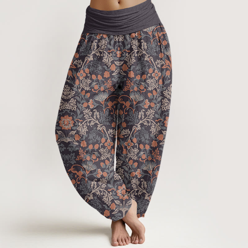 Buddha Stones Cotton Casual Flower Vine Leaves Pattern Women's Elastic Waist Harem Pants