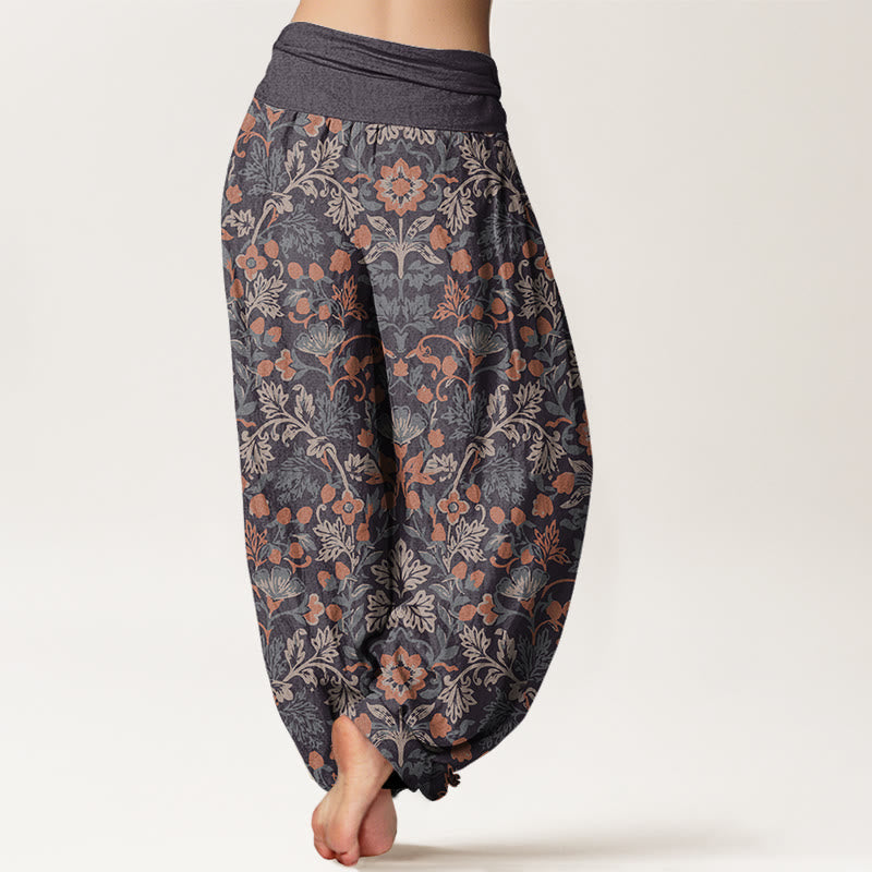 Buddha Stones Cotton Casual Flower Vine Leaves Pattern Women's Elastic Waist Harem Pants