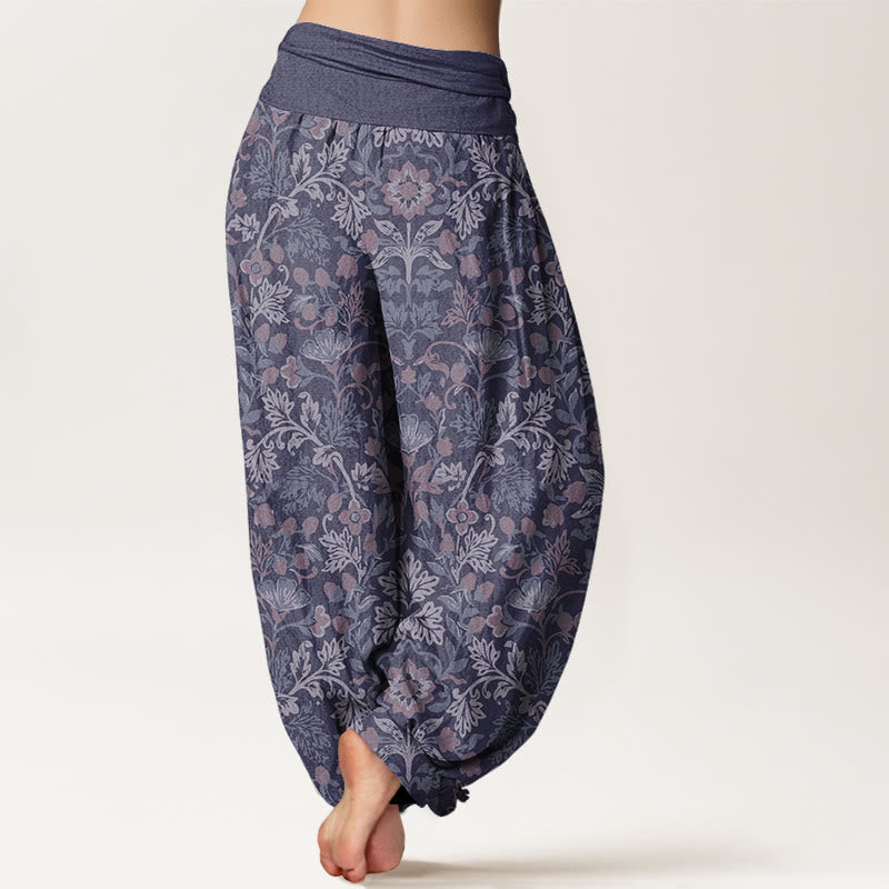 Buddha Stones Cotton Casual Flower Vine Leaves Pattern Women's Elastic Waist Harem Pants
