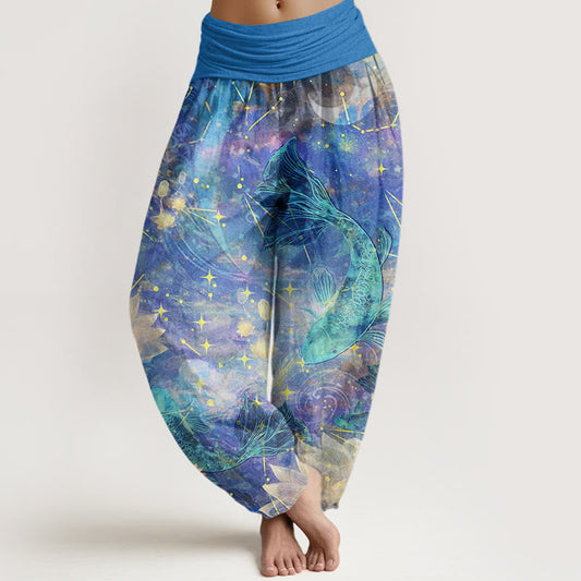 Buddha Stones Cotton Koi Fish Lotus Moon Stars Pattern Women's Elastic Waist Harem Pants