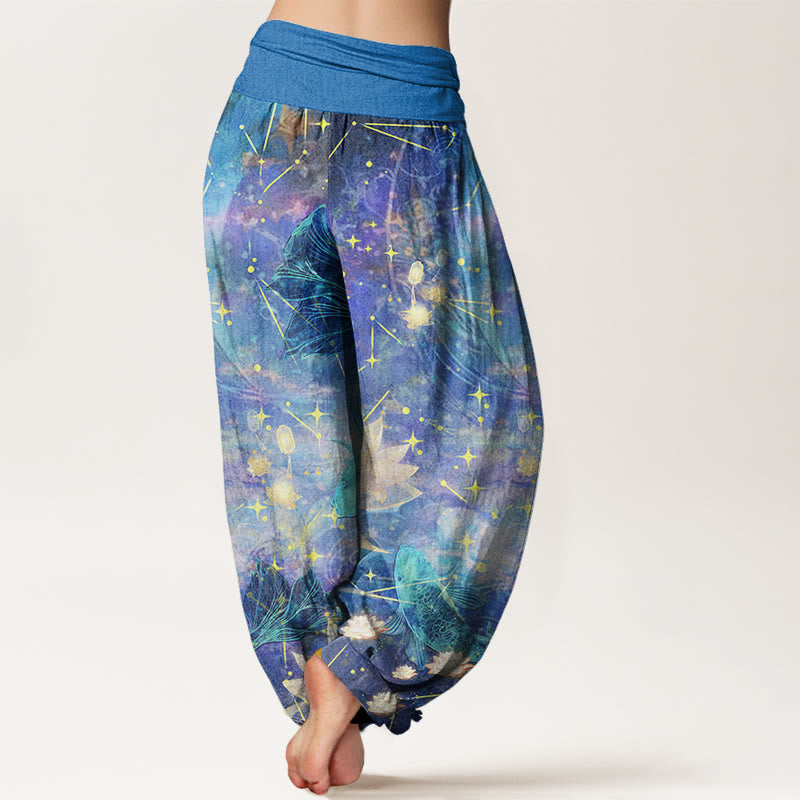Buddha Stones Cotton Koi Fish Lotus Moon Stars Pattern Women's Elastic Waist Harem Pants