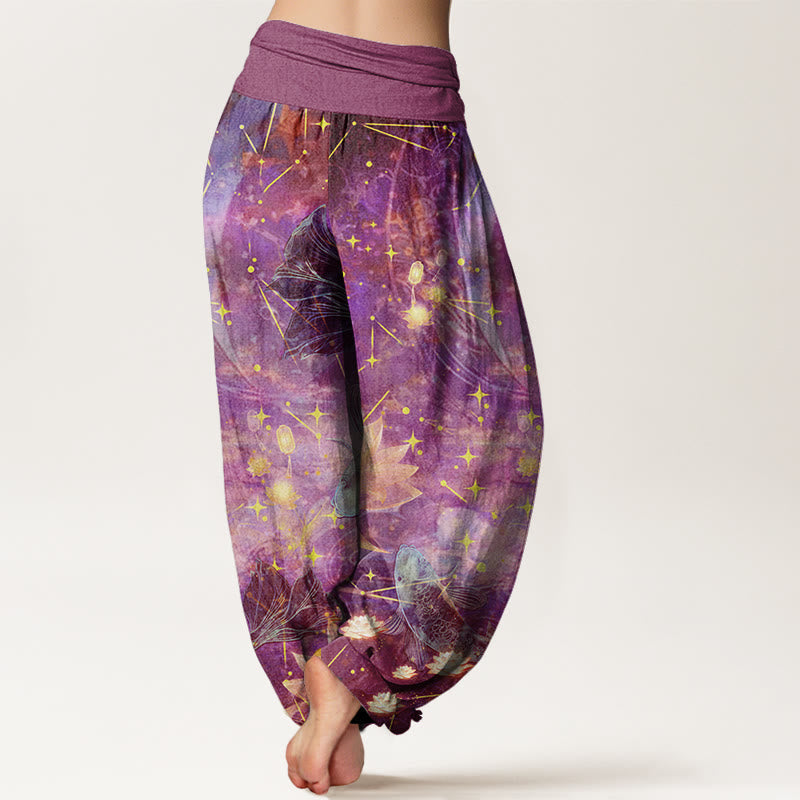 Buddha Stones Cotton Koi Fish Lotus Moon Stars Pattern Women's Elastic Waist Harem Pants
