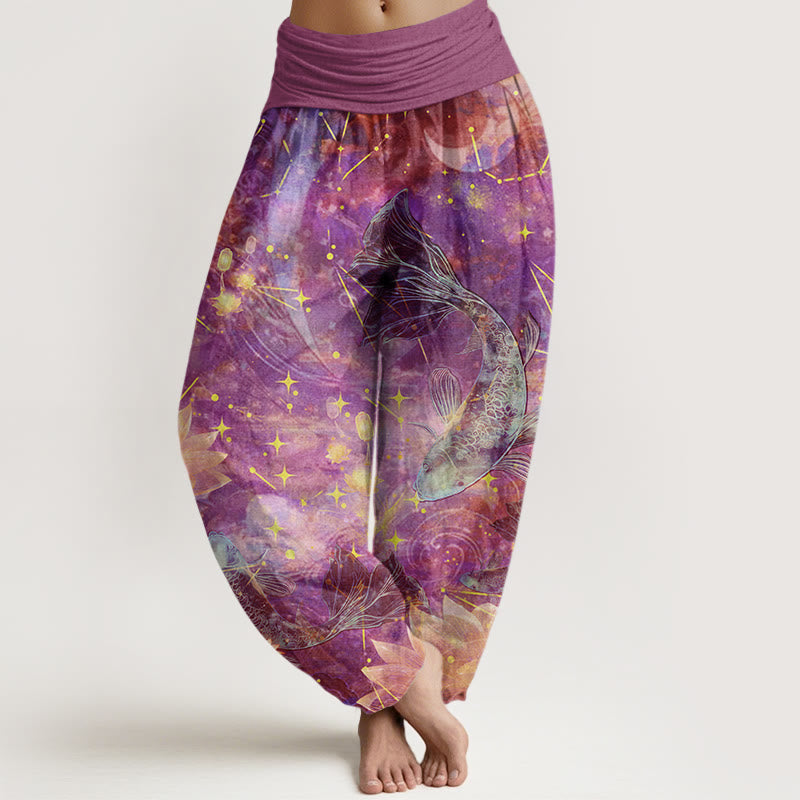 Buddha Stones Cotton Koi Fish Lotus Moon Stars Pattern Women's Elastic Waist Harem Pants