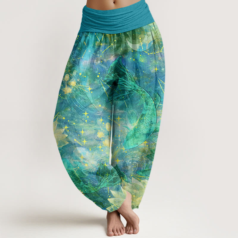 Buddha Stones Cotton Koi Fish Lotus Moon Stars Pattern Women's Elastic Waist Harem Pants
