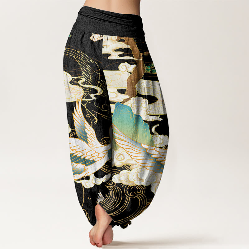 Buddha Stones Cotton Flying Cranes Auspicious Clouds Tree women's Elastic Waist Harem Pants