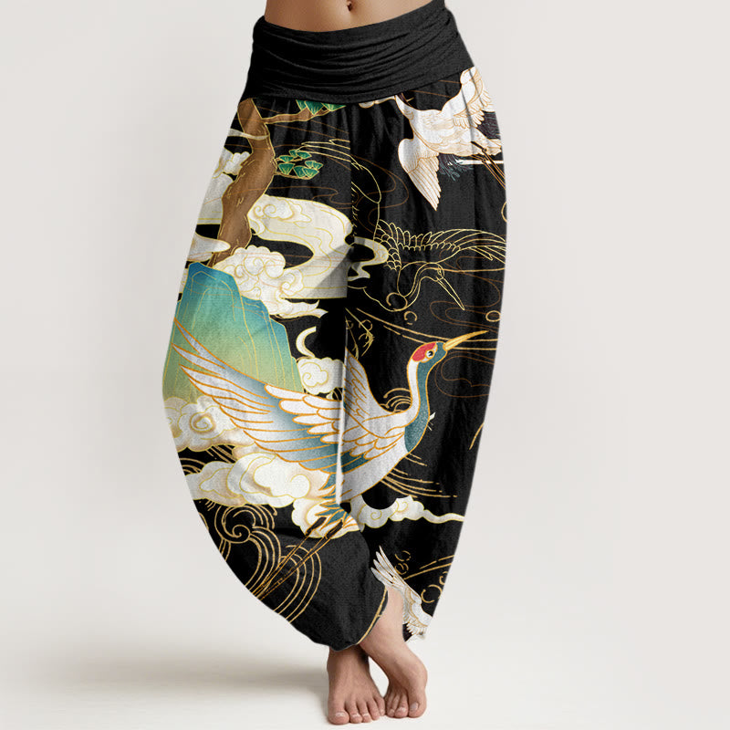 Buddha Stones Cotton Flying Cranes Auspicious Clouds Tree women's Elastic Waist Harem Pants