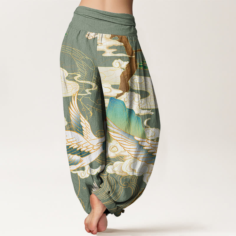Buddha Stones Cotton Flying Cranes Auspicious Clouds Tree women's Elastic Waist Harem Pants