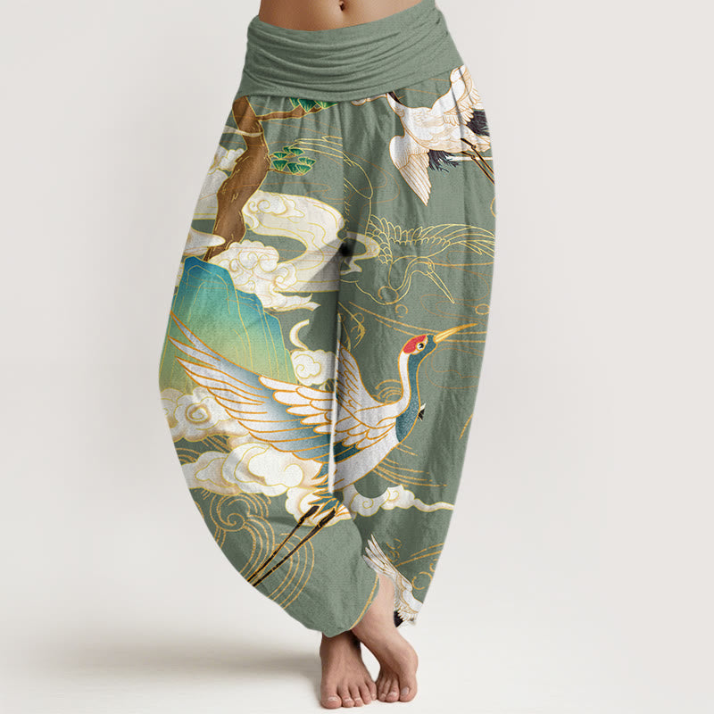 Buddha Stones Cotton Flying Cranes Auspicious Clouds Tree women's Elastic Waist Harem Pants