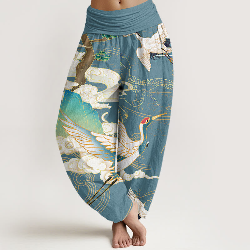 Buddha Stones Cotton Flying Cranes Auspicious Clouds Tree women's Elastic Waist Harem Pants