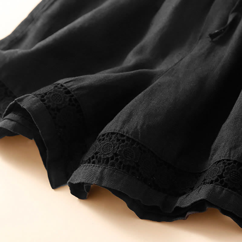 Buddha Stones Plain Color Bottom Hollow Lace Design Lace-up Cotton Women's Shorts With Pockets