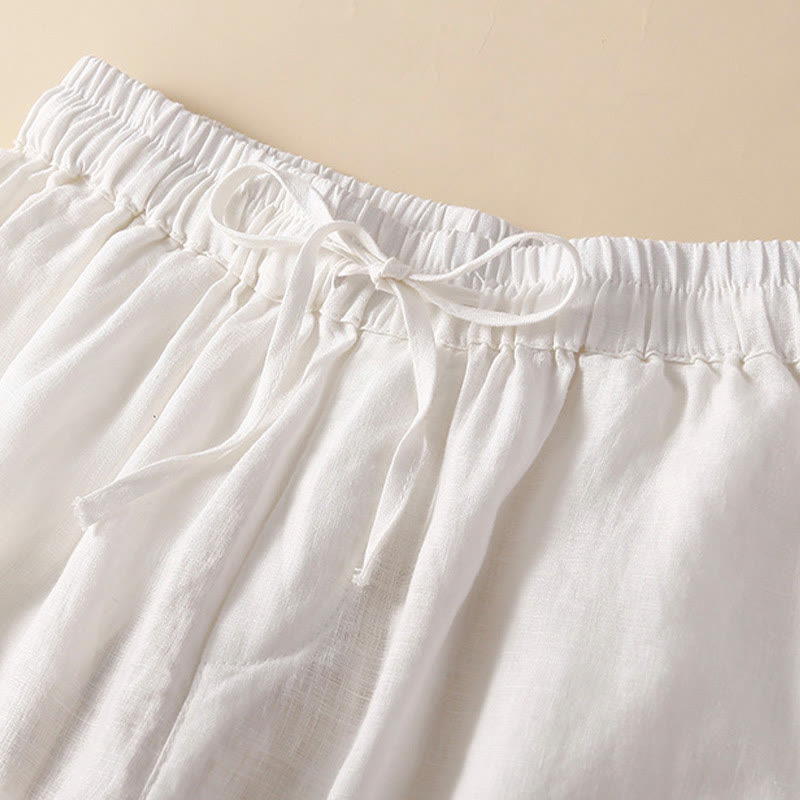Buddha Stones Plain Color Bottom Hollow Lace Design Lace-up Cotton Women's Shorts With Pockets
