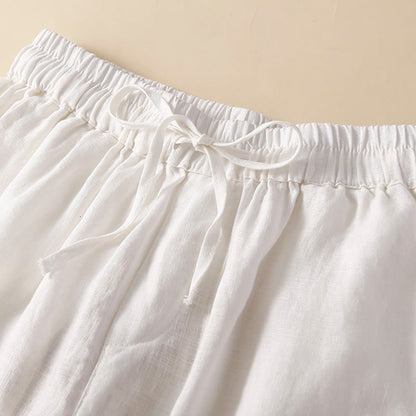 Buddha Stones Plain Color Bottom Hollow Lace Design Lace-up Cotton Women's Shorts With Pockets