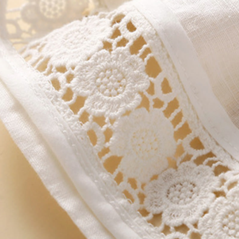 Buddha Stones Plain Color Bottom Hollow Lace Design Lace-up Cotton Women's Shorts With Pockets