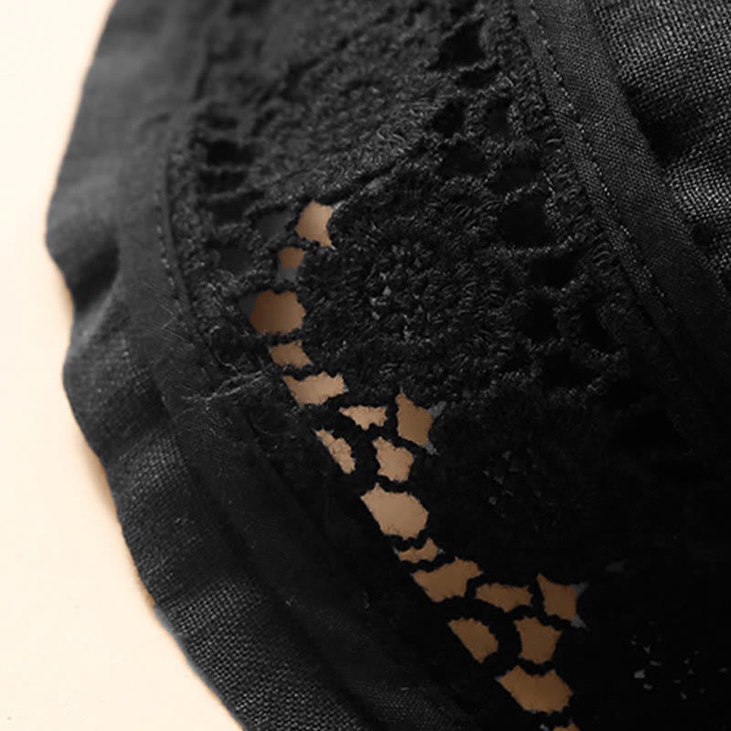 Buddha Stones Plain Color Bottom Hollow Lace Design Lace-up Cotton Women's Shorts With Pockets