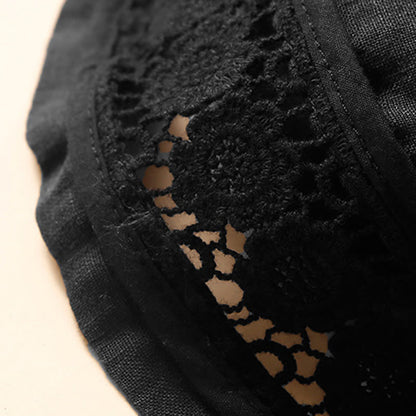 Buddha Stones Plain Color Bottom Hollow Lace Design Lace-up Cotton Women's Shorts With Pockets