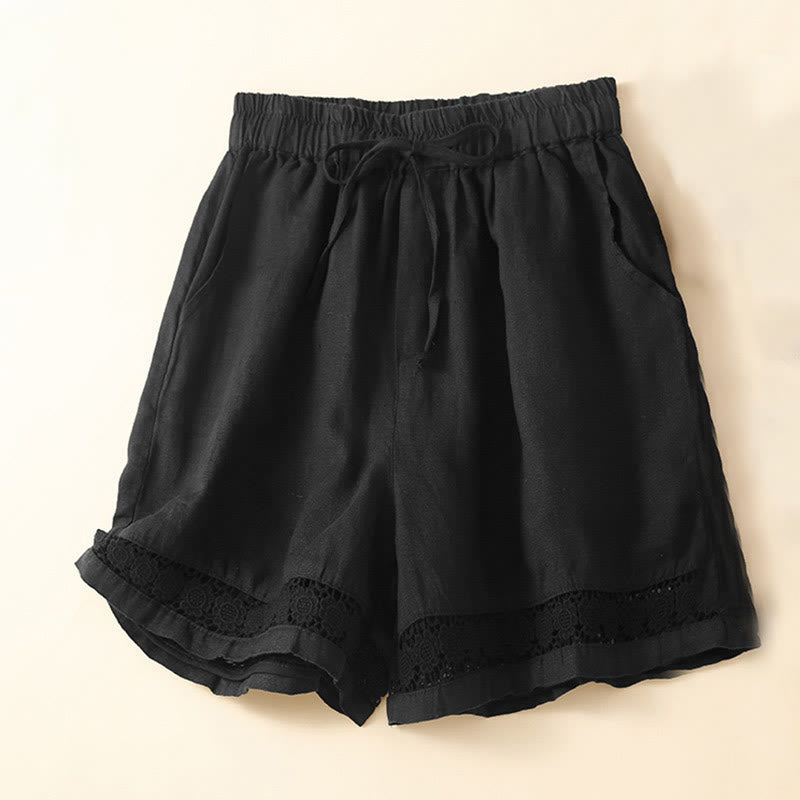 Buddha Stones Plain Color Bottom Hollow Lace Design Lace-up Cotton Women's Shorts With Pockets