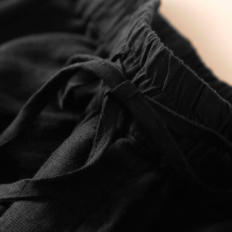 Buddha Stones Plain Color Bottom Hollow Lace Design Lace-up Cotton Women's Shorts With Pockets