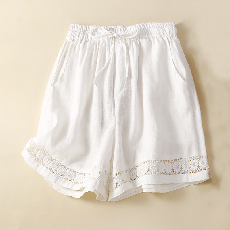 Buddha Stones Plain Color Bottom Hollow Lace Design Lace-up Cotton Women's Shorts With Pockets